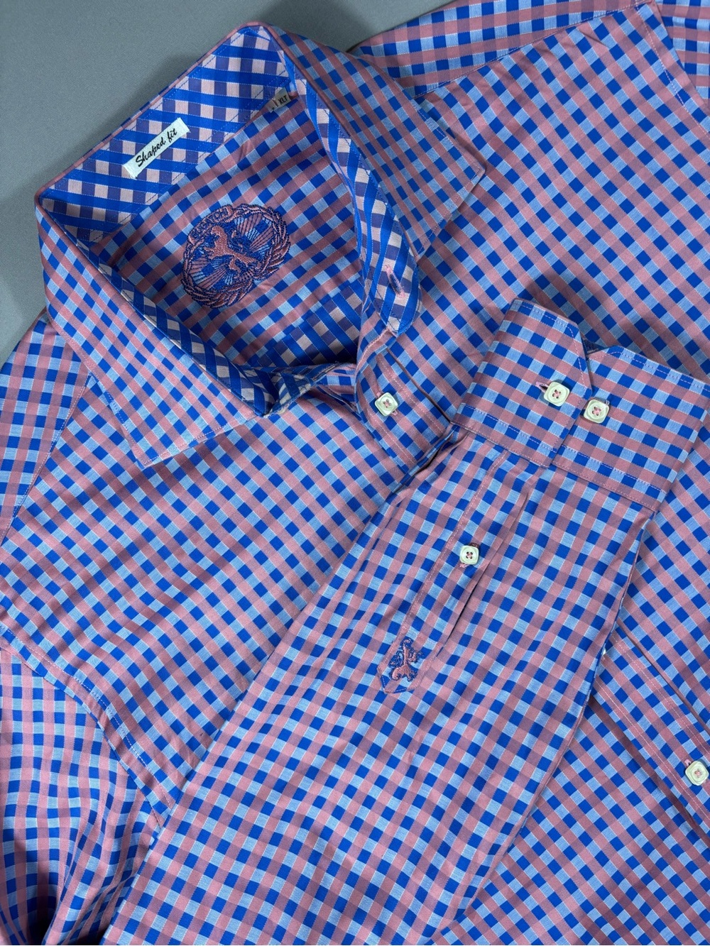 Bugatchi Shaped Fit Dress Shirt Men XLT Tall Blue Pink Gingham Cotton